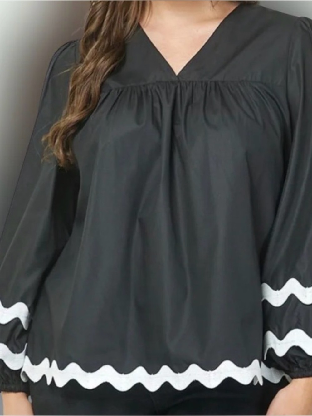 Available Black Puff-Sleeve Top with White Scallop Trim size Medium